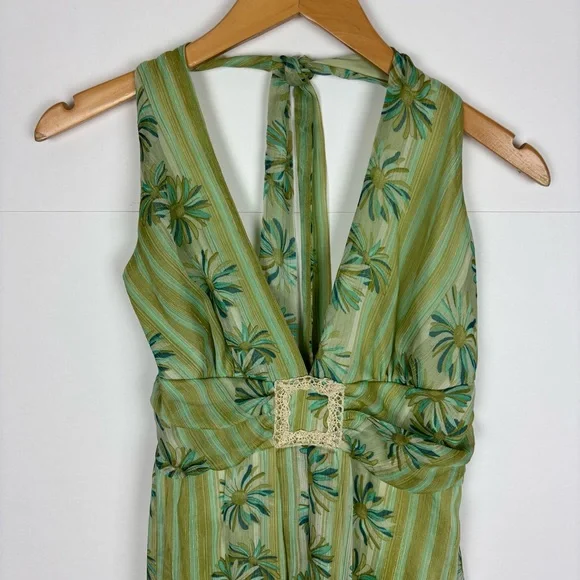 A.P.N.Y Halter Midi Dress Size 10 Green Floral Gold Metallic Fairy Y2K - Picture 3 of 7